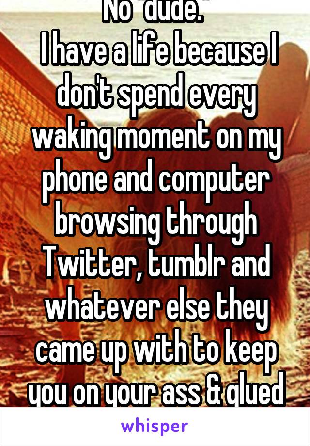 No "dude."
 I have a life because I don't spend every waking moment on my phone and computer browsing through Twitter, tumblr and whatever else they came up with to keep you on your ass & glued to the screen. 