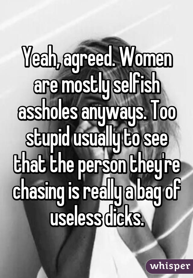 Yeah, agreed. Women are mostly selfish assholes anyways. Too stupid usually to see that the person they're chasing is really a bag of useless dicks.