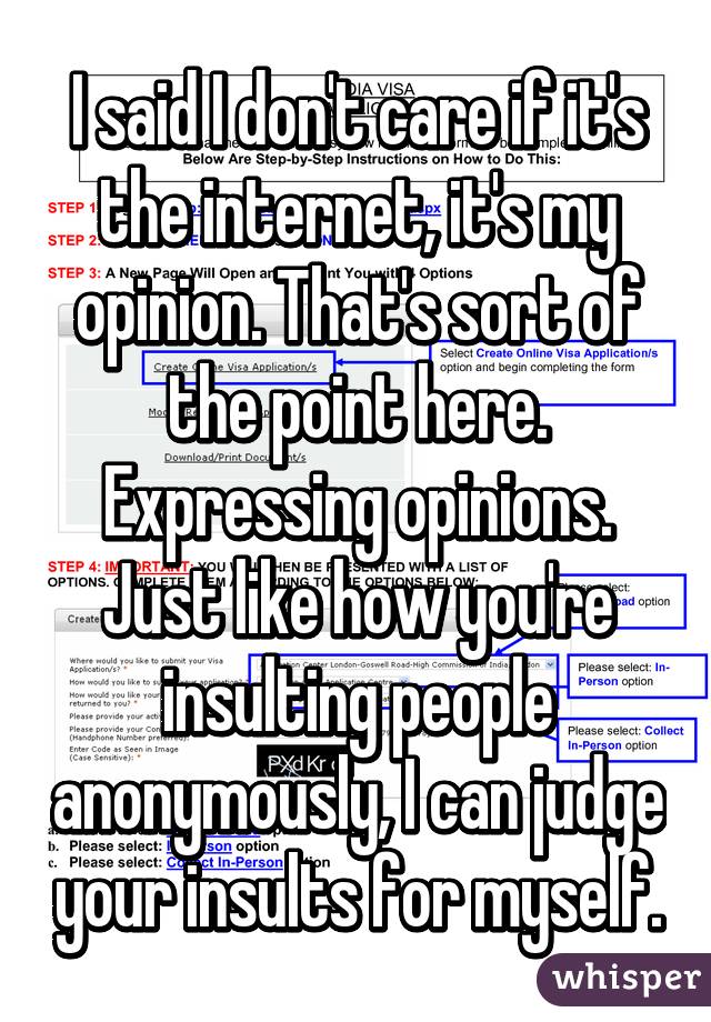 I said I don't care if it's the internet, it's my opinion. That's sort of the point here. Expressing opinions. Just like how you're insulting people anonymously, I can judge your insults for myself.