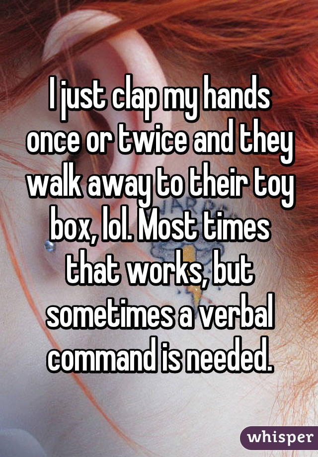 I just clap my hands once or twice and they walk away to their toy box, lol. Most times that works, but sometimes a verbal command is needed.