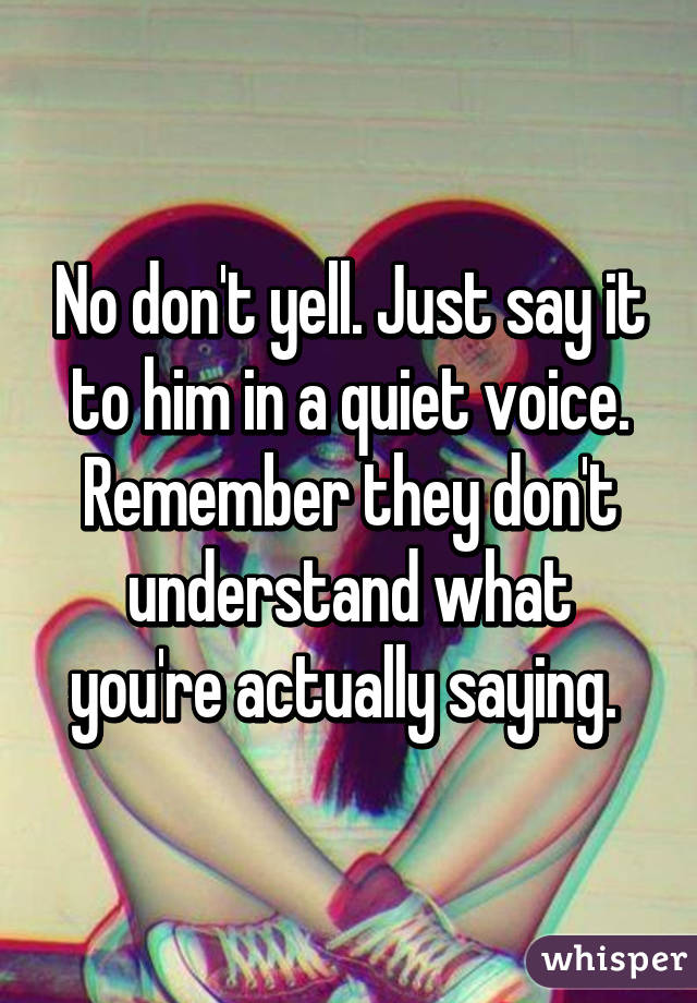 No don't yell. Just say it to him in a quiet voice. Remember they don't understand what you're actually saying. 