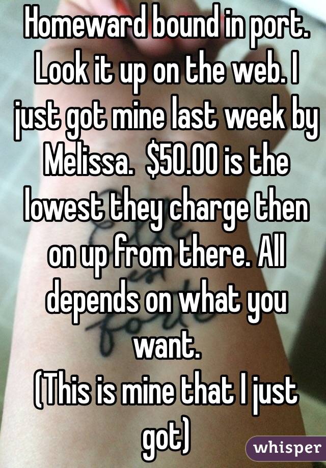 Homeward bound in port. Look it up on the web. I just got mine last week by Melissa.  $50.00 is the lowest they charge then on up from there. All depends on what you want. 
(This is mine that I just got) 