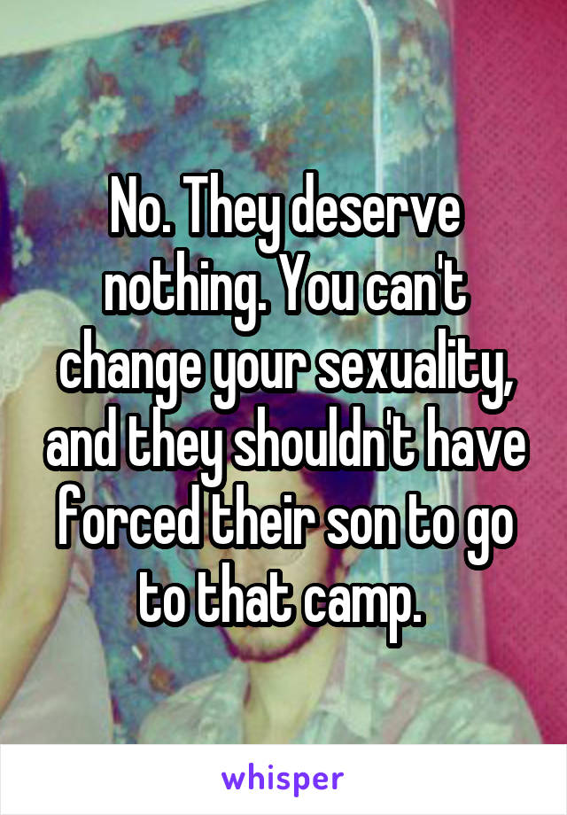 No. They deserve nothing. You can't change your sexuality, and they shouldn't have forced their son to go to that camp. 