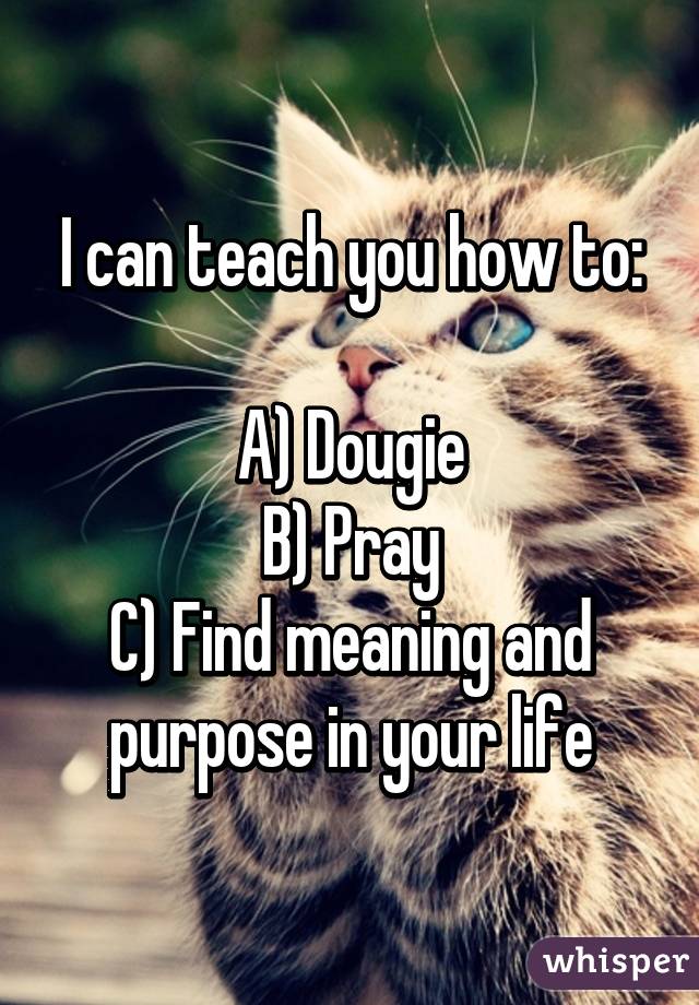 I can teach you how to:

A) Dougie
B) Pray
C) Find meaning and purpose in your life