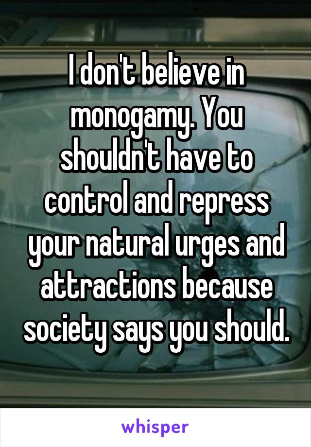 I don't believe in monogamy. You shouldn't have to control and repress your natural urges and attractions because society says you should. 