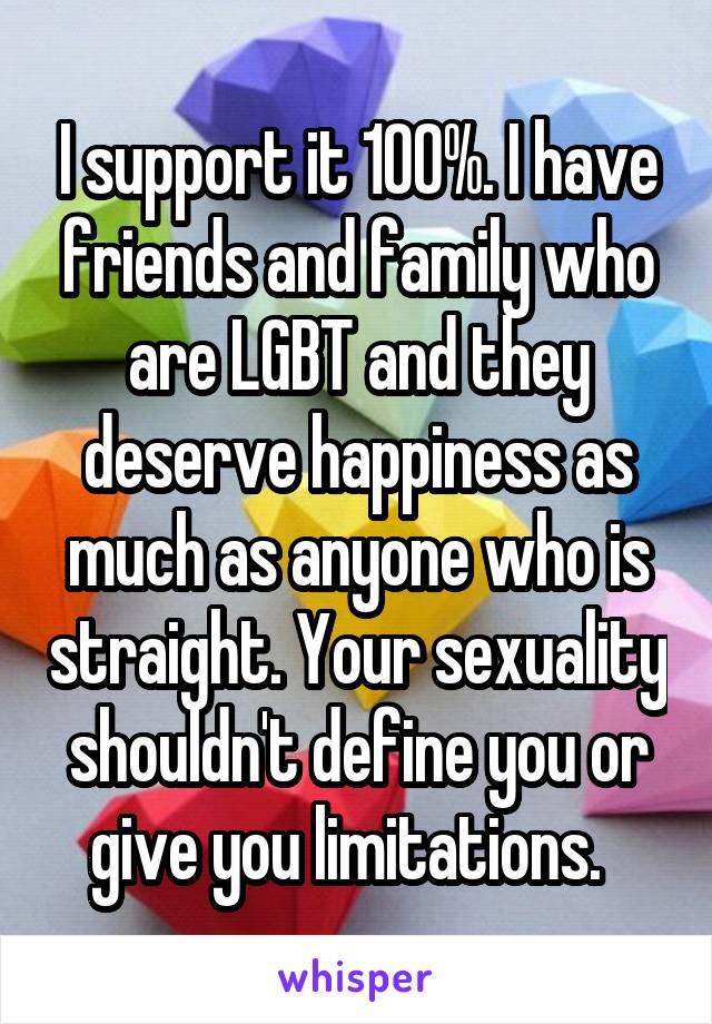 I support it 100%. I have friends and family who are LGBT and they deserve happiness as much as anyone who is straight. Your sexuality shouldn't define you or give you limitations.  