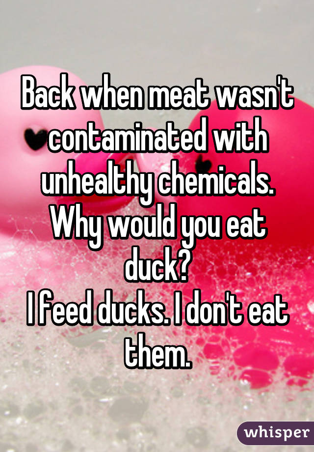 Back when meat wasn't contaminated with unhealthy chemicals.
Why would you eat duck?
I feed ducks. I don't eat them.