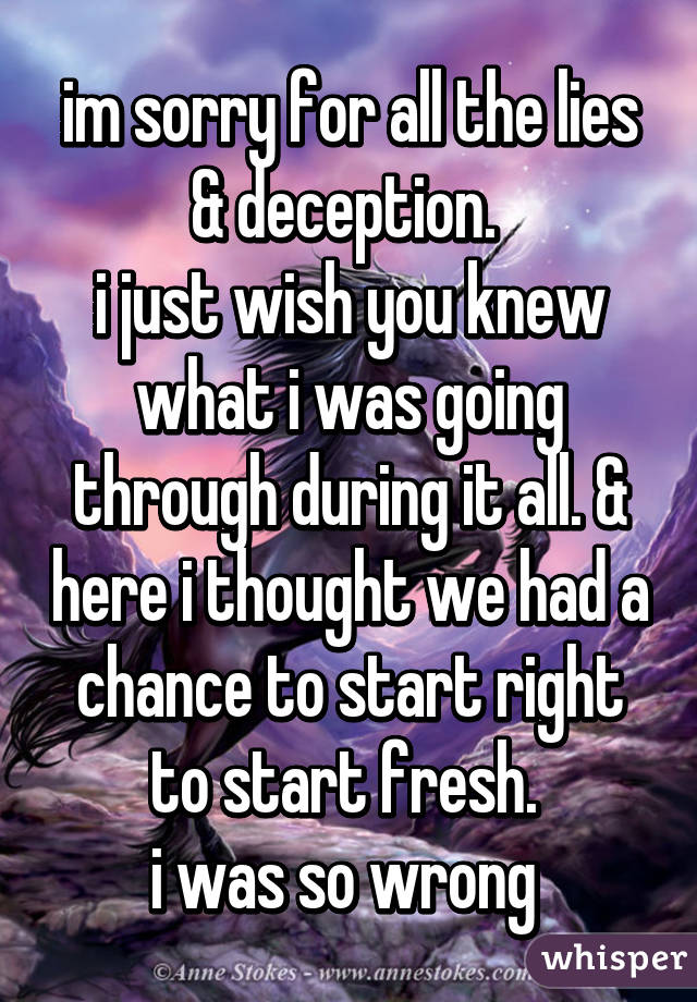 im sorry for all the lies & deception. 
i just wish you knew what i was going through during it all. & here i thought we had a chance to start right to start fresh. 
i was so wrong 