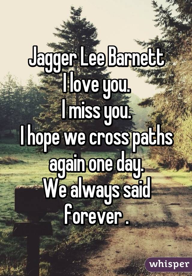 Jagger Lee Barnett
I love you.
I miss you.
I hope we cross paths again one day.
We always said forever .