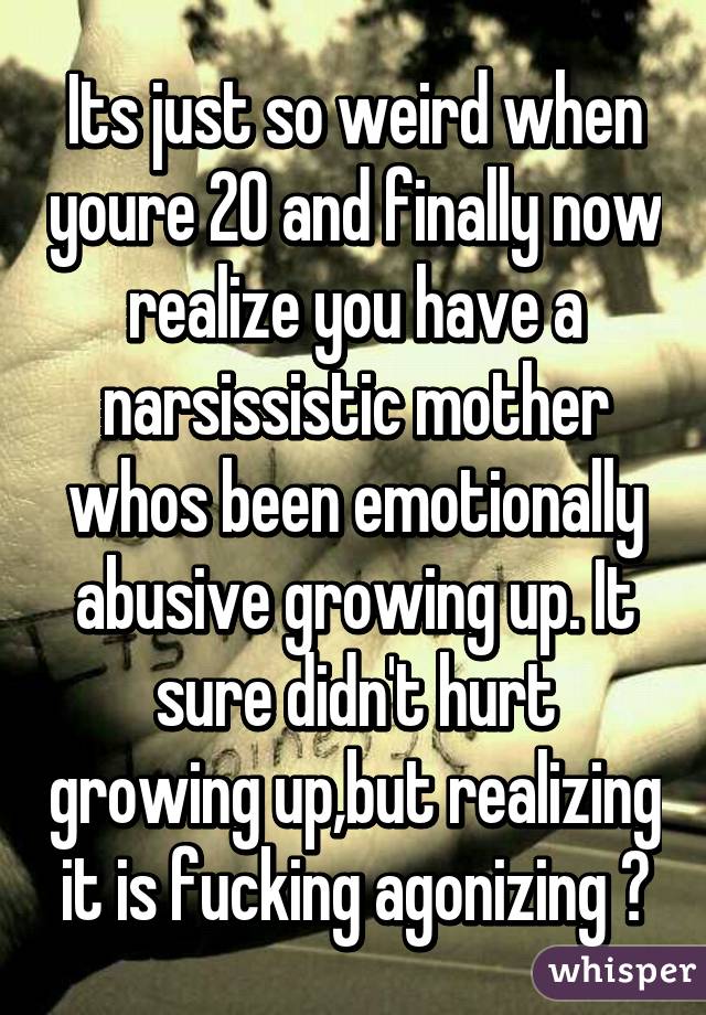 Its just so weird when youre 20 and finally now realize you have a narsissistic mother whos been emotionally abusive growing up. It sure didn't hurt growing up,but realizing it is fucking agonizing 😭