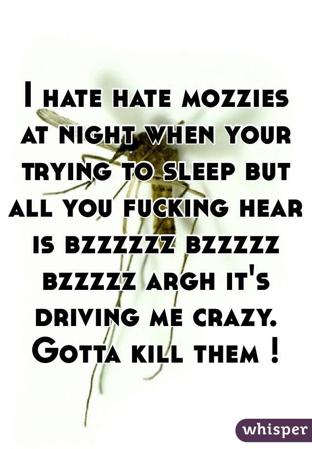 I hate hate mozzies at night when your trying to sleep but all you fucking hear is bzzzzzz bzzzzz bzzzzz argh it's driving me crazy. Gotta kill them !