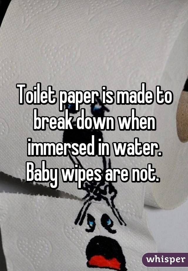 Toilet paper is made to break down when immersed in water. Baby wipes are not. 