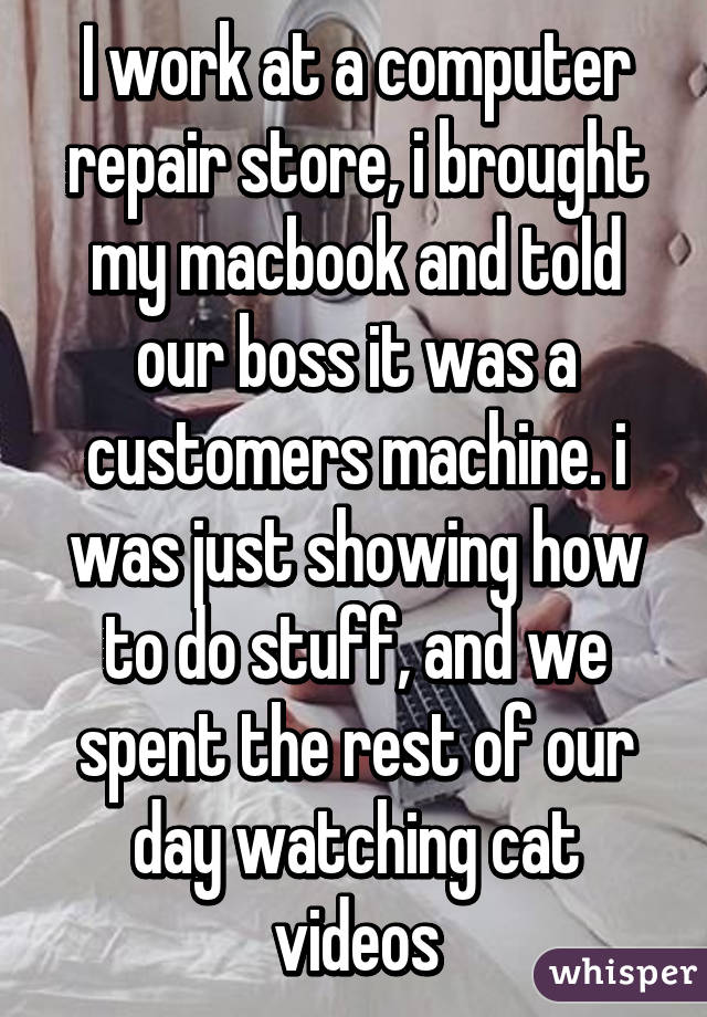 I work at a computer repair store, i brought my macbook and told our boss it was a customers machine. i was just showing how to do stuff, and we spent the rest of our day watching cat videos