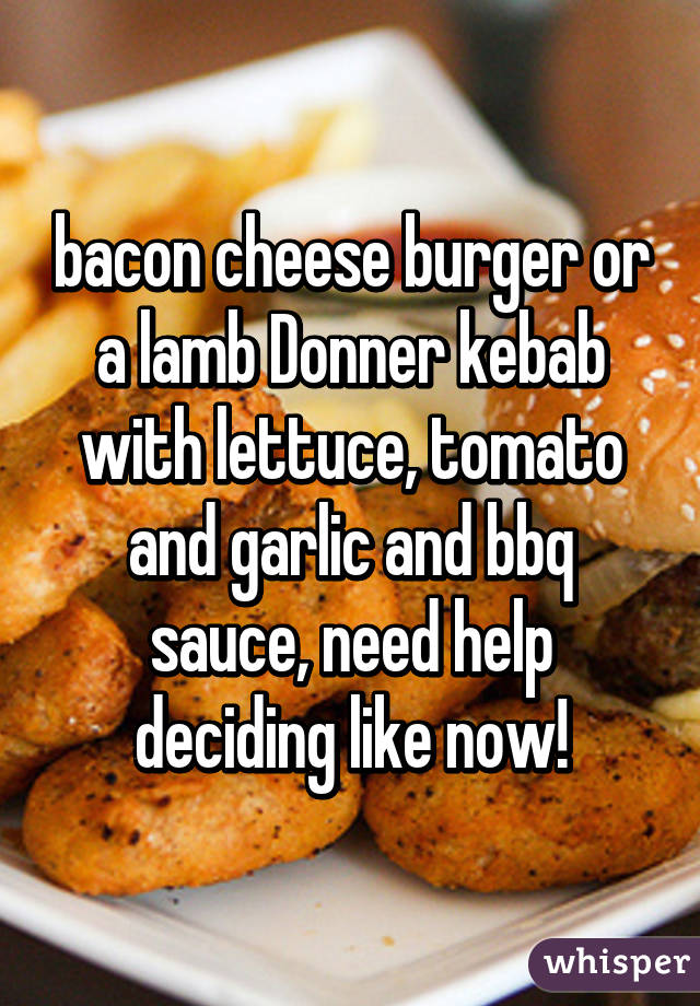 bacon cheese burger or a lamb Donner kebab with lettuce, tomato and garlic and bbq sauce, need help deciding like now!