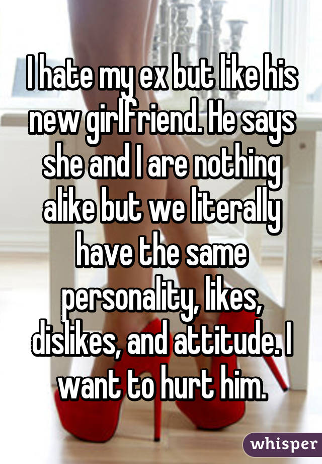 I hate my ex but like his new girlfriend. He says she and I are nothing alike but we literally have the same personality, likes, dislikes, and attitude. I want to hurt him.