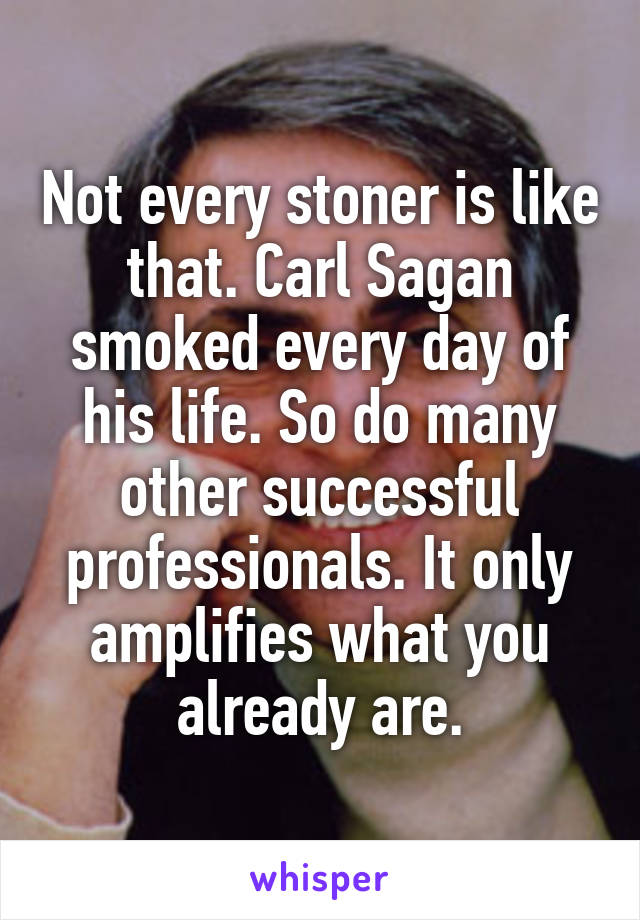 Not every stoner is like that. Carl Sagan smoked every day of his life. So do many other successful professionals. It only amplifies what you already are.