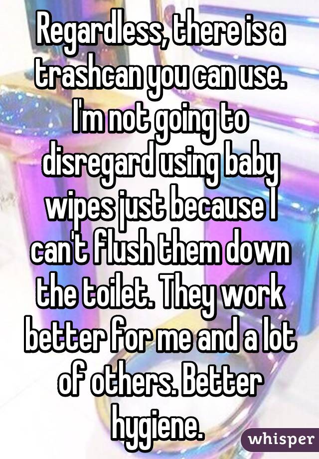 Regardless, there is a trashcan you can use. I'm not going to disregard using baby wipes just because I can't flush them down the toilet. They work better for me and a lot of others. Better hygiene. 