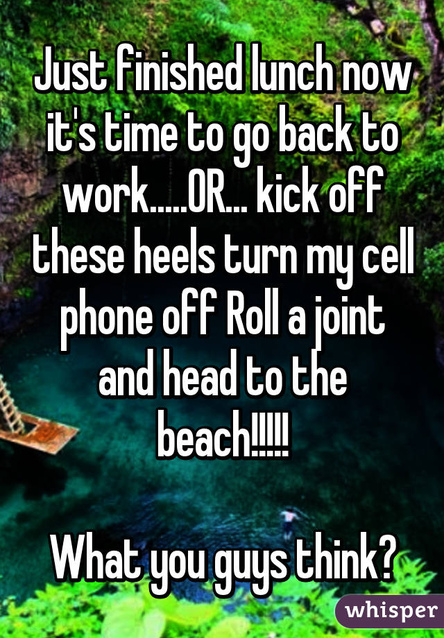 Just finished lunch now it's time to go back to work.....OR... kick off these heels turn my cell phone off Roll a joint and head to the beach!!!!!

What you guys think?