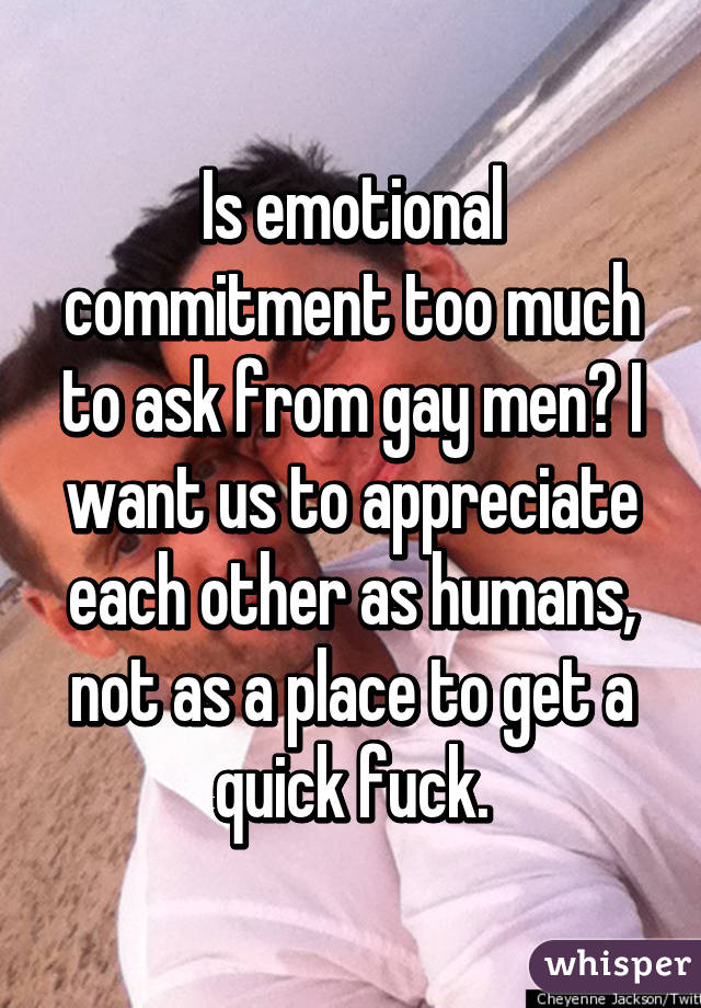 Is emotional commitment too much to ask from gay men? I want us to appreciate each other as humans, not as a place to get a quick fuck.