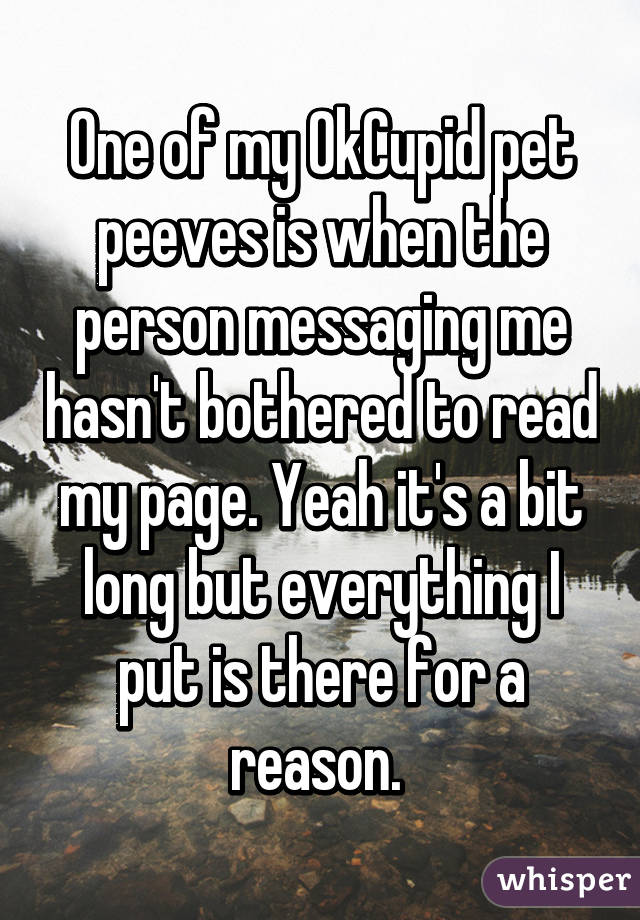 One of my OkCupid pet peeves is when the person messaging me hasn't bothered to read my page. Yeah it's a bit long but everything I put is there for a reason. 