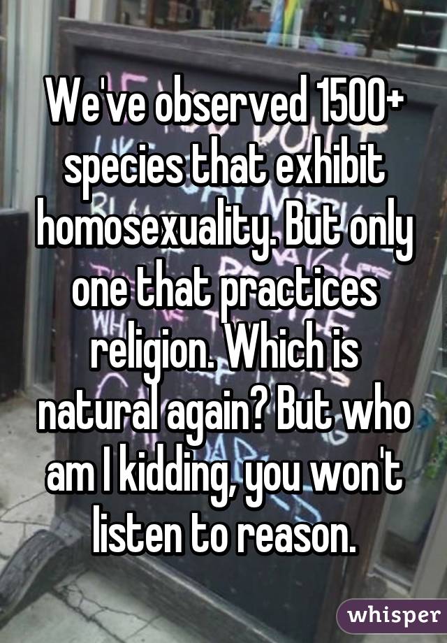 We've observed 1500+ species that exhibit homosexuality. But only one that practices religion. Which is natural again? But who am I kidding, you won't listen to reason.