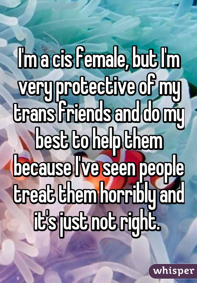 I'm a cis female, but I'm very protective of my trans friends and do my best to help them because I've seen people treat them horribly and it's just not right. 