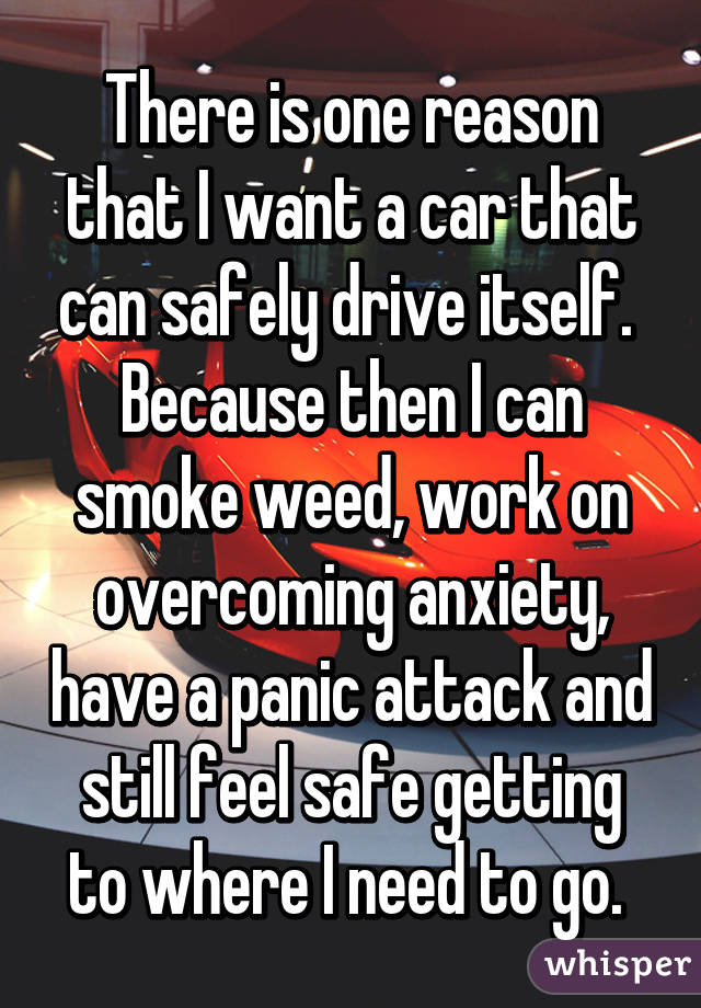 There is one reason that I want a car that can safely drive itself. 
Because then I can smoke weed, work on overcoming anxiety, have a panic attack and still feel safe getting to where I need to go. 