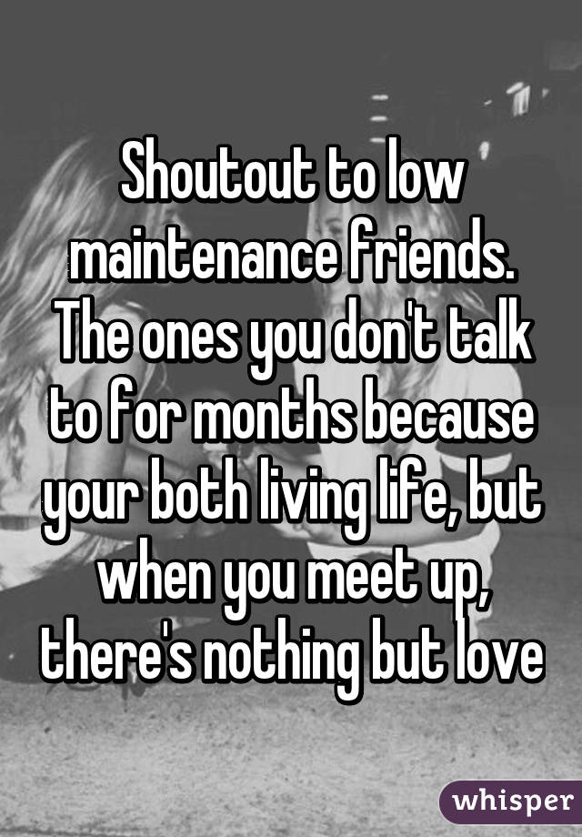 Shoutout to low maintenance friends. The ones you don't talk to for months because your both living life, but when you meet up, there's nothing but love