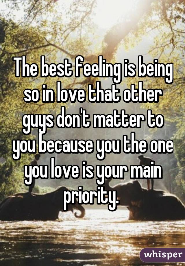 The best feeling is being so in love that other guys don't matter to you because you the one you love is your main priority. 