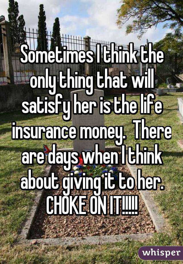 Sometimes I think the only thing that will satisfy her is the life insurance money.  There are days when I think about giving it to her. CHOKE ON IT!!!!!