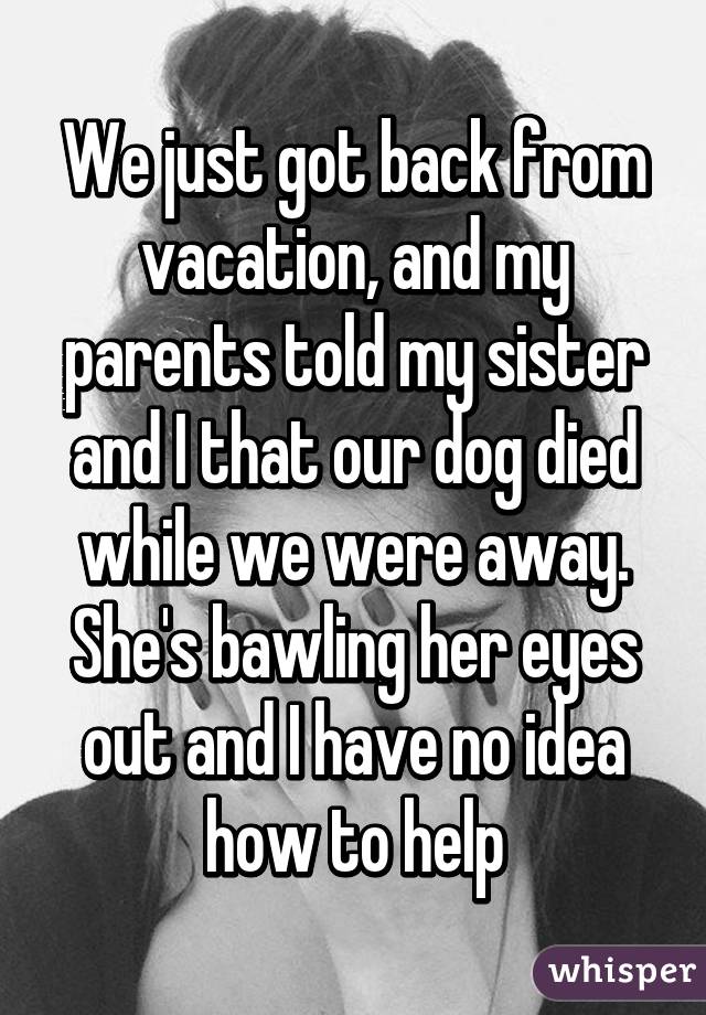 We just got back from vacation, and my parents told my sister and I that our dog died while we were away. She's bawling her eyes out and I have no idea how to help