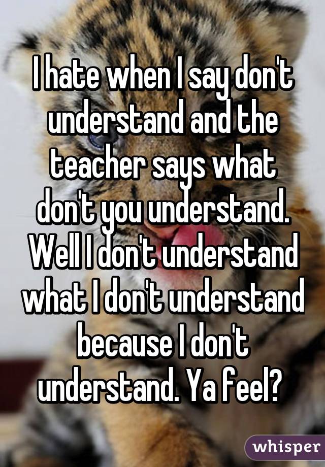 I hate when I say don't understand and the teacher says what don't you understand. Well I don't understand what I don't understand because I don't understand. Ya feel? 