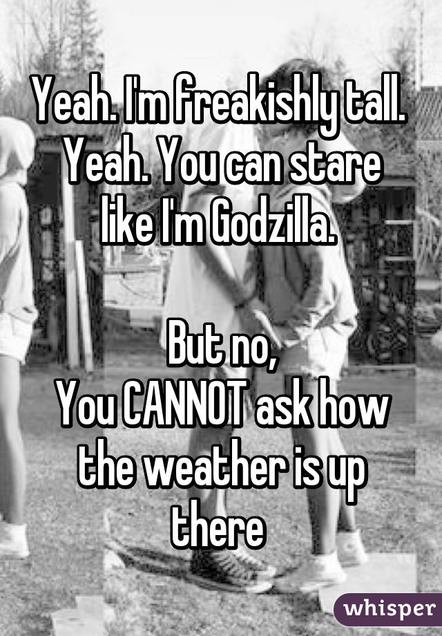 Yeah. I'm freakishly tall. 
Yeah. You can stare like I'm Godzilla. 

But no,
You CANNOT ask how the weather is up there 