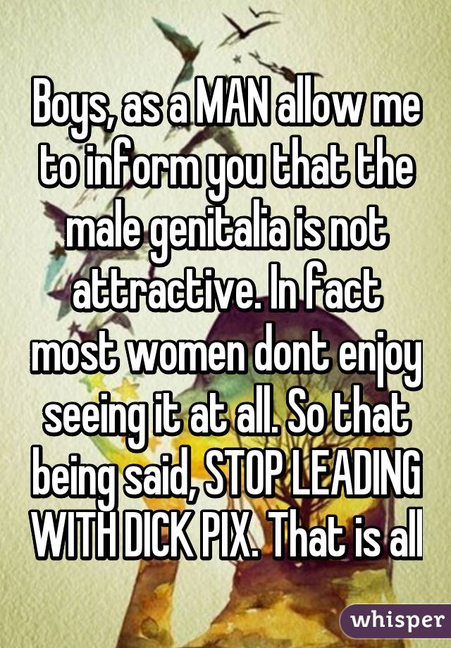 Boys, as a MAN allow me to inform you that the male genitalia is not attractive. In fact most women dont enjoy seeing it at all. So that being said, STOP LEADING WITH DICK PIX. That is all