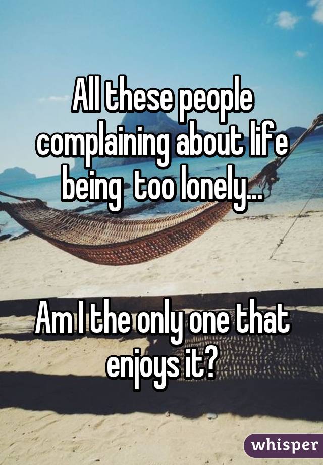 All these people complaining about life being  too lonely...


Am I the only one that enjoys it?