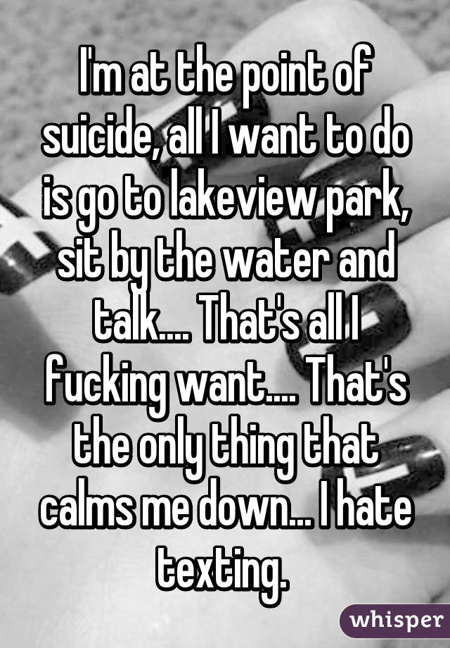 I'm at the point of suicide, all I want to do is go to lakeview park, sit by the water and talk.... That's all I fucking want.... That's the only thing that calms me down... I hate texting. 