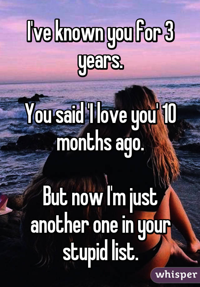 I've known you for 3 years.

You said 'I love you' 10 months ago.

But now I'm just another one in your stupid list.