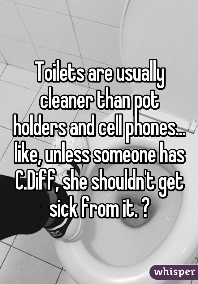 Toilets are usually cleaner than pot holders and cell phones... like, unless someone has C.Diff, she shouldn't get sick from it. ?