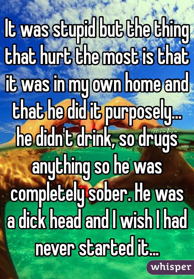 It was stupid but the thing that hurt the most is that it was in my own home and that he did it purposely... he didn't drink, so drugs anything so he was completely sober. He was a dick head and I wish I had never started it...