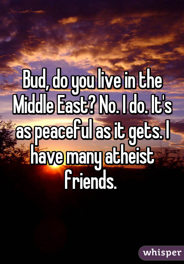 Bud, do you live in the Middle East? No. I do. It's as peaceful as it gets. I have many atheist friends. 