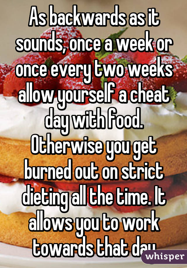 As backwards as it sounds, once a week or once every two weeks allow yourself a cheat day with food. Otherwise you get burned out on strict dieting all the time. It allows you to work towards that day