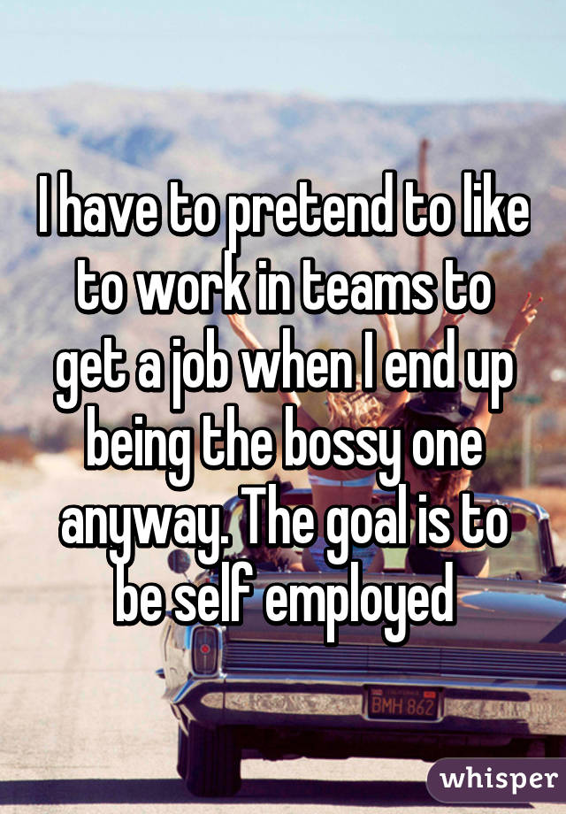 I have to pretend to like to work in teams to get a job when I end up being the bossy one anyway. The goal is to be self employed