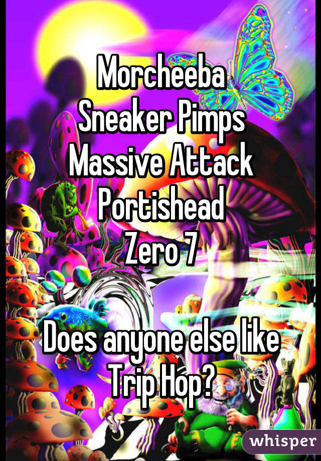 Morcheeba
Sneaker Pimps
Massive Attack
Portishead
Zero 7

Does anyone else like Trip Hop?