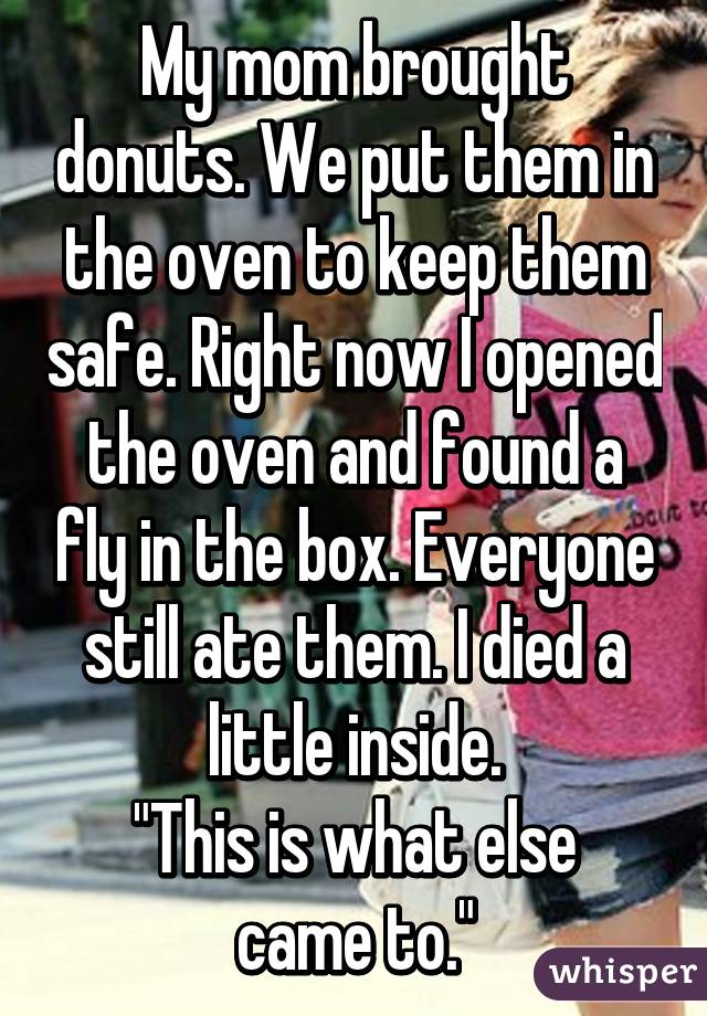 My mom brought donuts. We put them in the oven to keep them safe. Right now I opened the oven and found a fly in the box. Everyone still ate them. I died a little inside.
"This is what else came to."