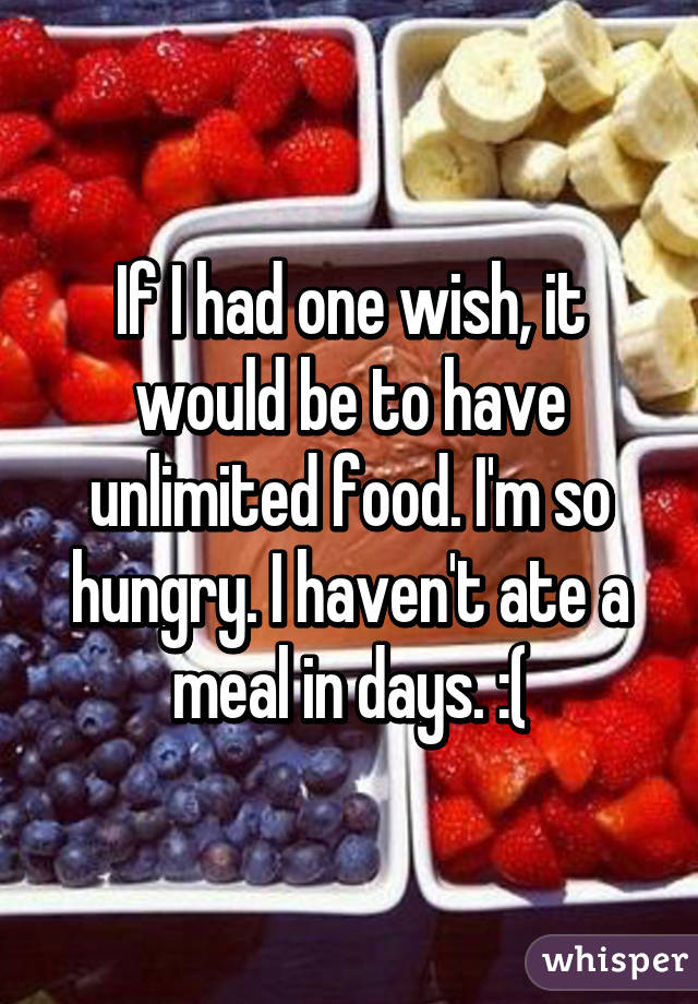 If I had one wish, it would be to have unlimited food. I'm so hungry. I haven't ate a meal in days. :(