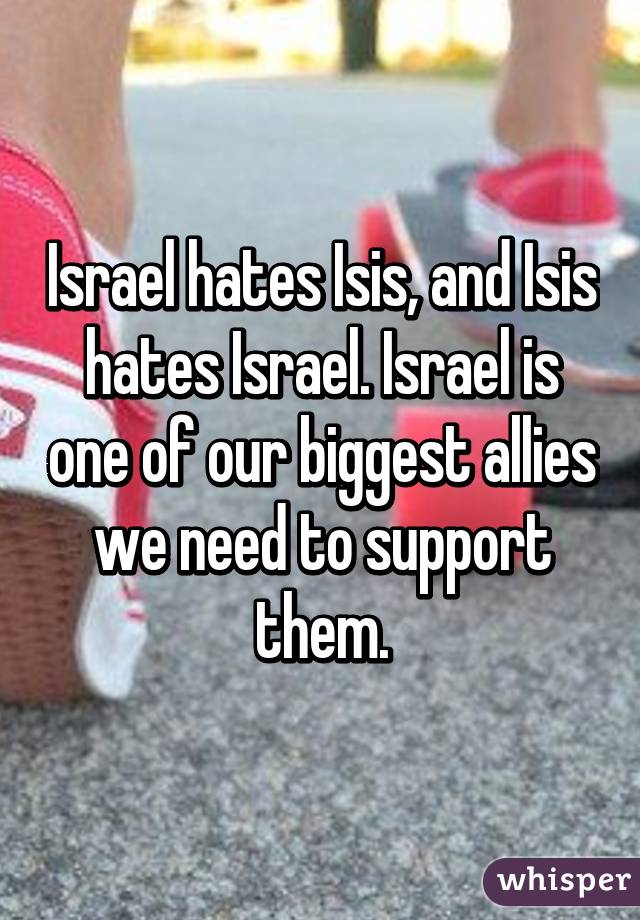 Israel hates Isis, and Isis hates Israel. Israel is one of our biggest allies we need to support them.