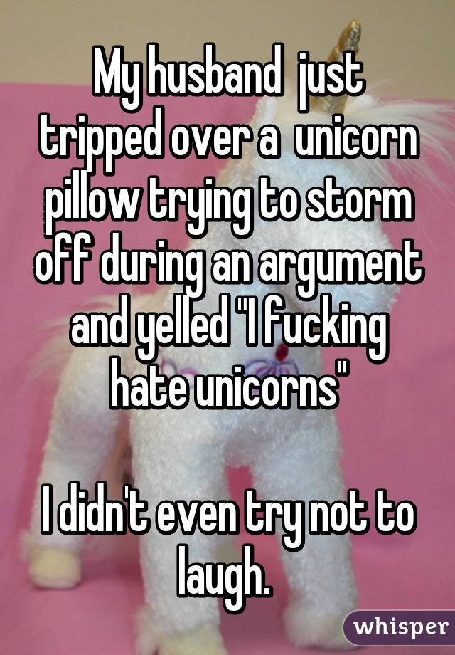 My husband  just tripped over a  unicorn pillow trying to storm off during an argument and yelled "I fucking hate unicorns"

I didn't even try not to laugh. 