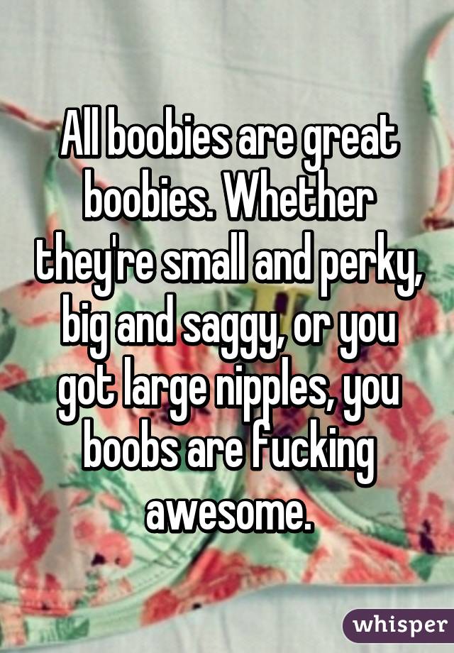 All boobies are great boobies. Whether they're small and perky, big and saggy, or you got large nipples, you boobs are fucking awesome.