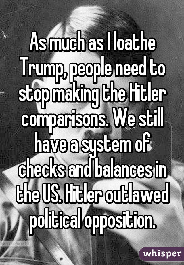 As much as I loathe Trump, people need to stop making the Hitler comparisons. We still have a system of checks and balances in the US. Hitler outlawed political opposition.