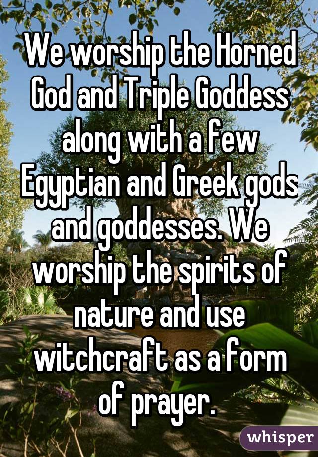 We worship the Horned God and Triple Goddess along with a few Egyptian and Greek gods and goddesses. We worship the spirits of nature and use witchcraft as a form of prayer. 